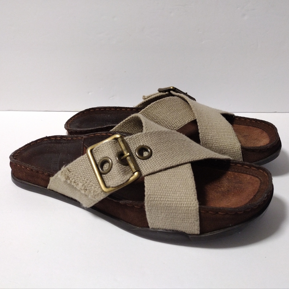Earth Dune Unisex Criss Cross Textile Adjustable Slide Cork Flat Walking Sandals - Picture 3 of 8